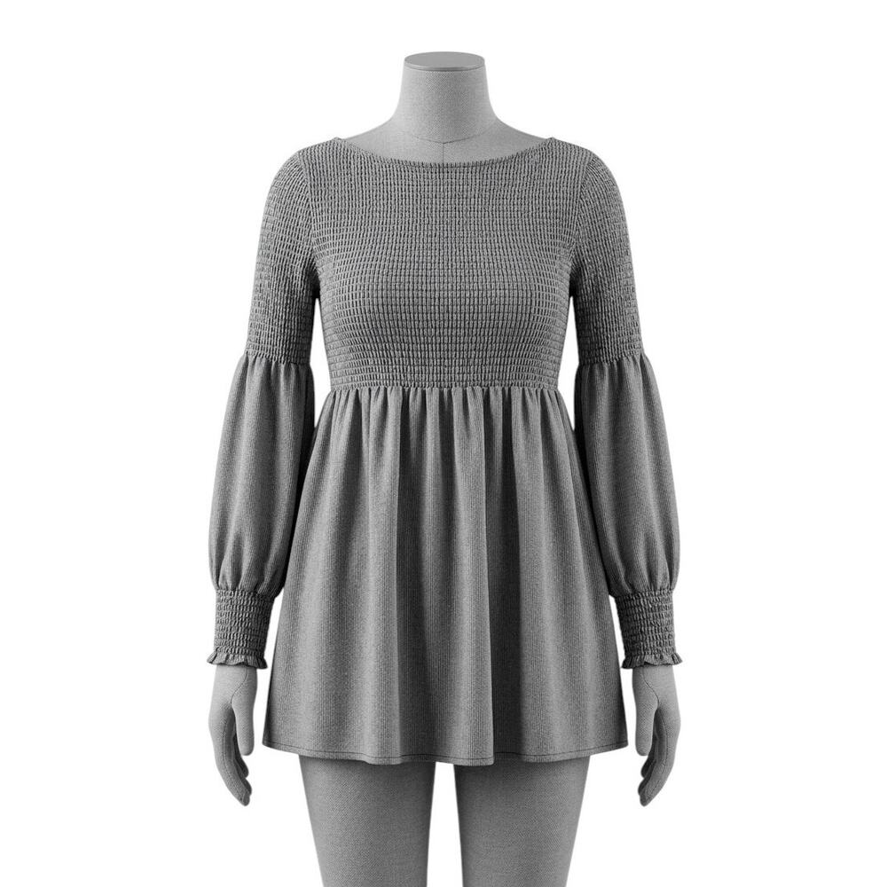Zara Grey Smocked Plaid Babydoll Blouse Balloon Sleeve Tunic Top Houndstooth XS